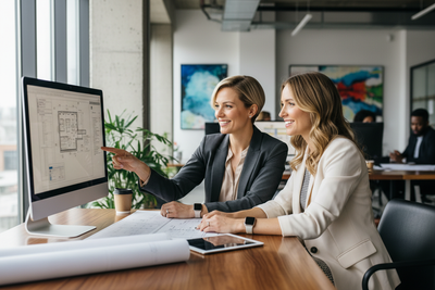 2 architect women in a meeting looking at the computer (the computer screen is not visible) and they are happy because they are reading a comprenhensive technical information