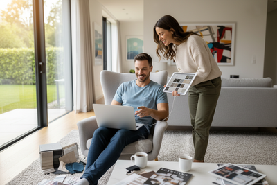 a man and a woman with casual clothes, in a home, one of them sitting in a chair and the other one standing close to the other. each one of them with a computer. They are sharing the materials boards to each other via online. they are happy
