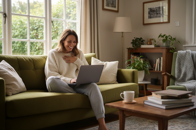 a normal woman with casual clothes in her home sitting in the coach looking at her computer and happy because she finds what she was looking for