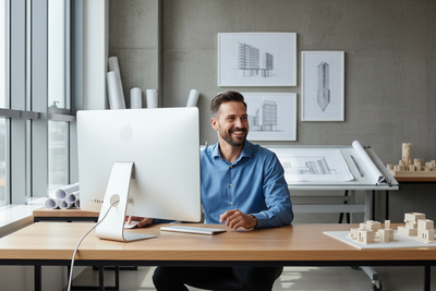 architect man in front of a computer happy. the computer screen is not visible