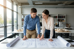 man and woman as an architects, looking one architectural plan